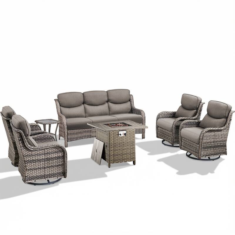 Pocassy Outdoor Propane Fire Table w/ Sofa Swivel Chair Ottoman Funiture Set.