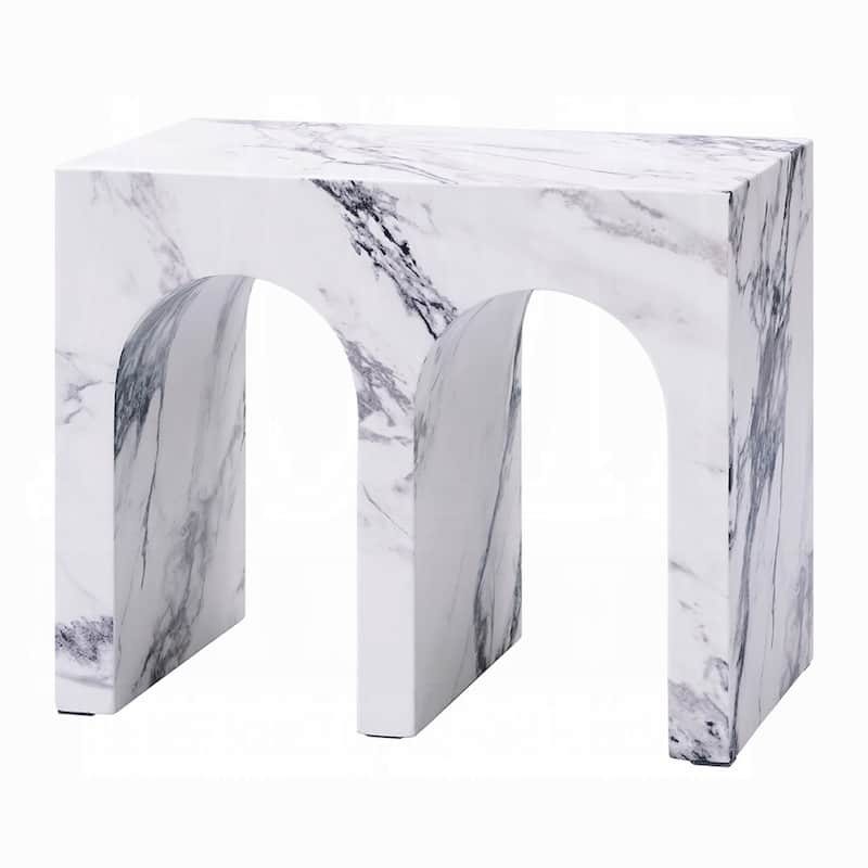Ritzy Side End Table, White Faux Stone, Modern Arch Design 22 Inch