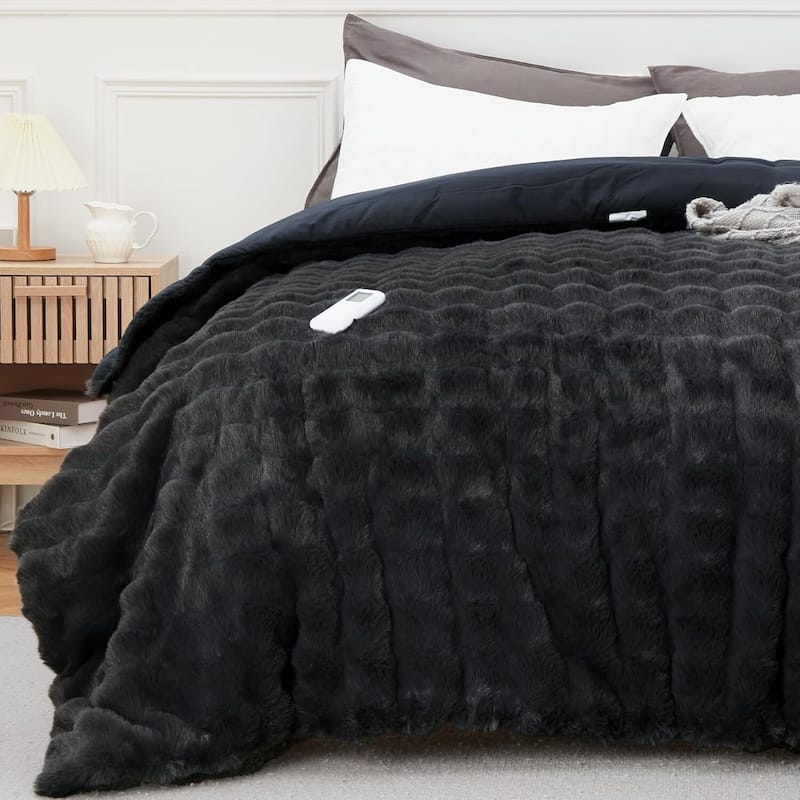 Fluffy Faux Fur Heated Comforter Blanket with Wireless Controller, Grey - 90"*90"
