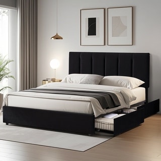 Black Bed Frame with 4 Storage Drawers, Upholstered Platform Bed Frame ...
