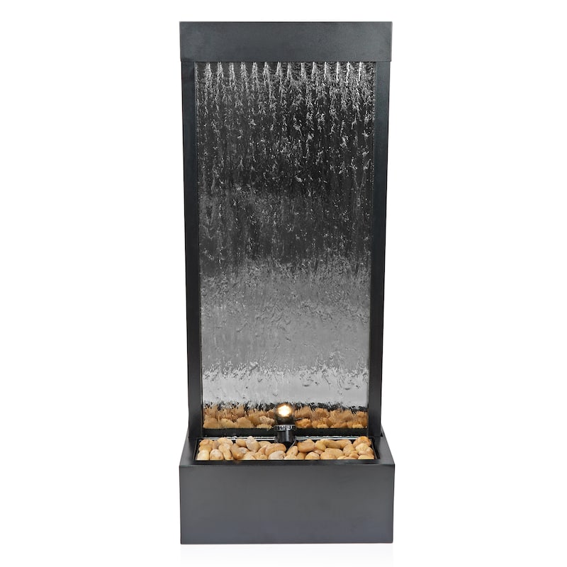 Alpine Corporation 72" Zen Mirror Waterfall Fountain with LED Lights and Stones