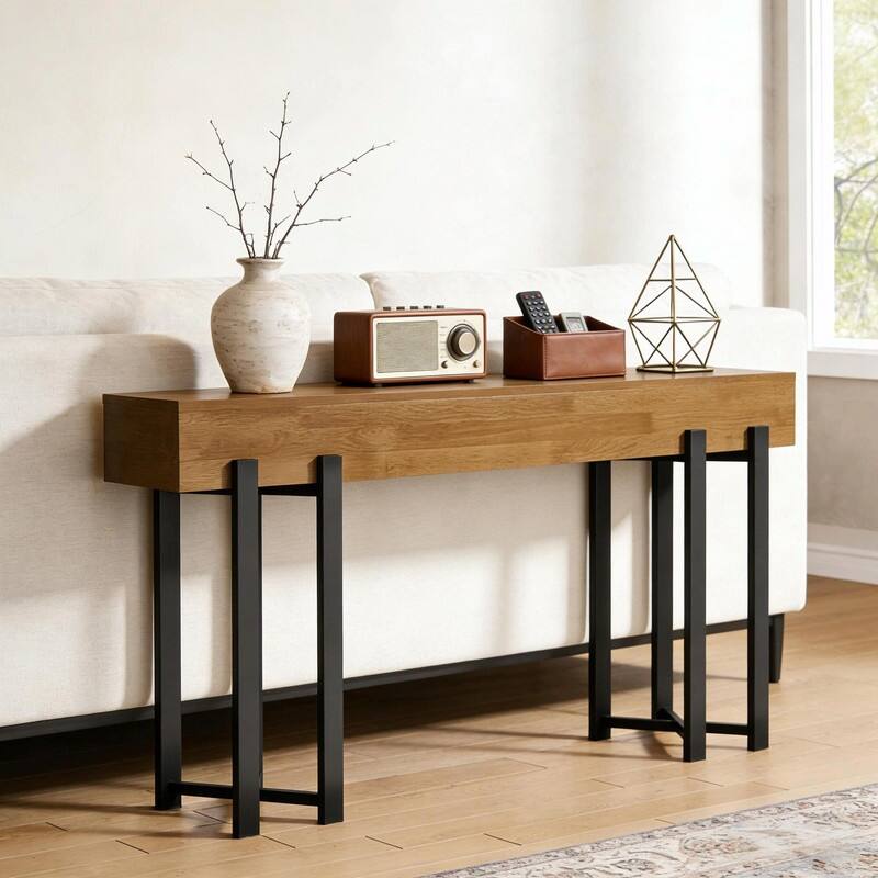 63" Rustic Industrial Console Table with Black Iron Hairpin Legs - Rustic Brown