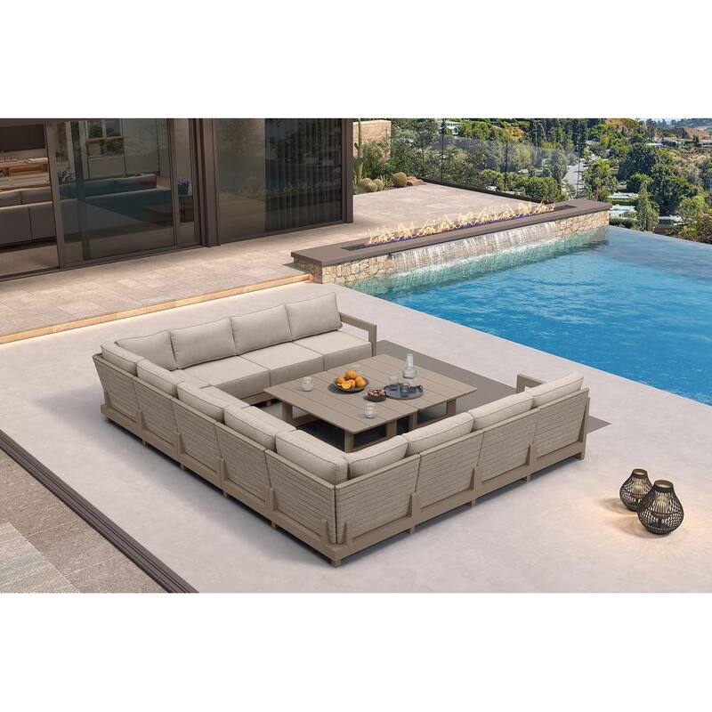 PURPLE LEAF Caesar Khaki Outdoor Couch with 9.6" Thick Cushion and Table for Yard Porch Deck Outdoor Patio Conversation Sets - 11 Seats+2 Tables - U-shaped