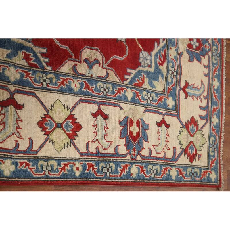 Hand Knotted Oriental 100% Wool Carpet Traditional Geometric Red Kazak Area Rug - 9' 7'' X 6' 7''