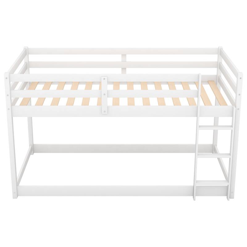 Low Profile Twin Over Twin Bunk Bed with Ladder, White, Solid Wood, Space-Saving Design
