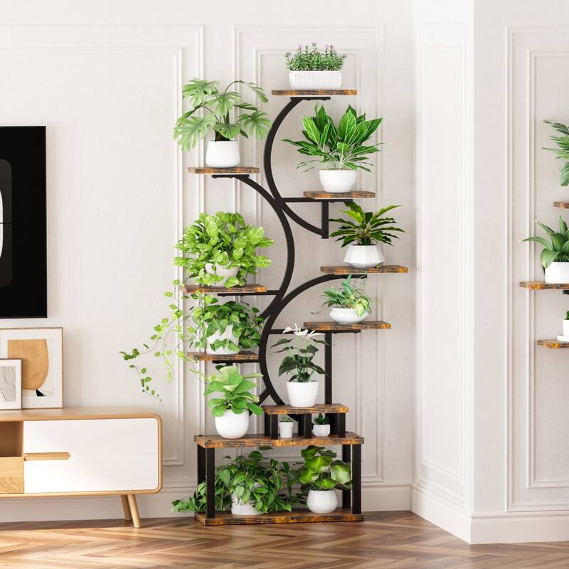 68.5 in. H Brown S-shaped MDF Indoor Plant Stand with 5 Grow Lights 10 Tiered Tall Plant Shelf 10-Level Stepless Dimming