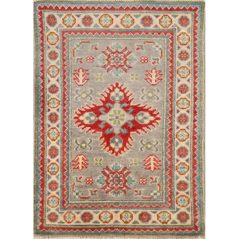 Geometric Kazak Oriental Foyer Rug Hand-Knotted Grey Wool Carpet - 2'0" x 3'0"