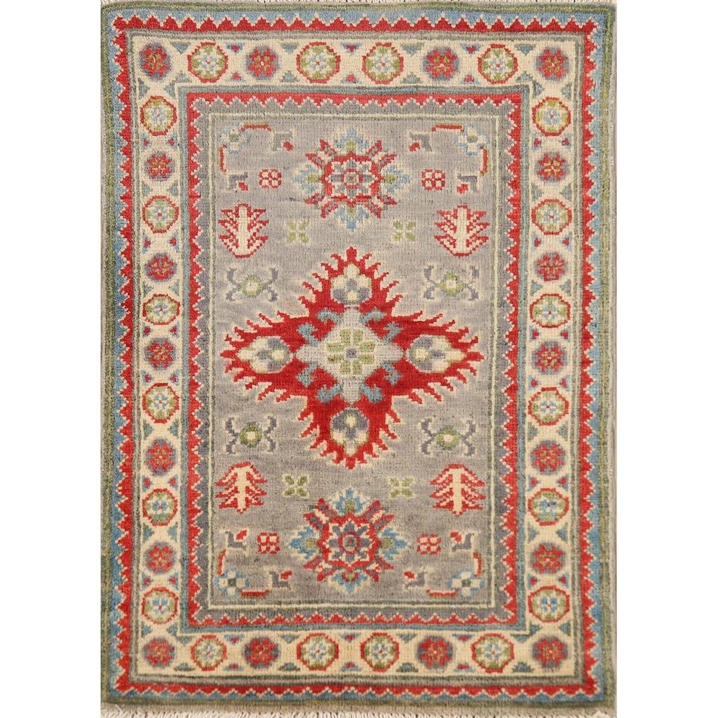 Geometric Kazak Oriental Foyer Rug Hand-Knotted Grey Wool Carpet - 2'0" x 3'0"