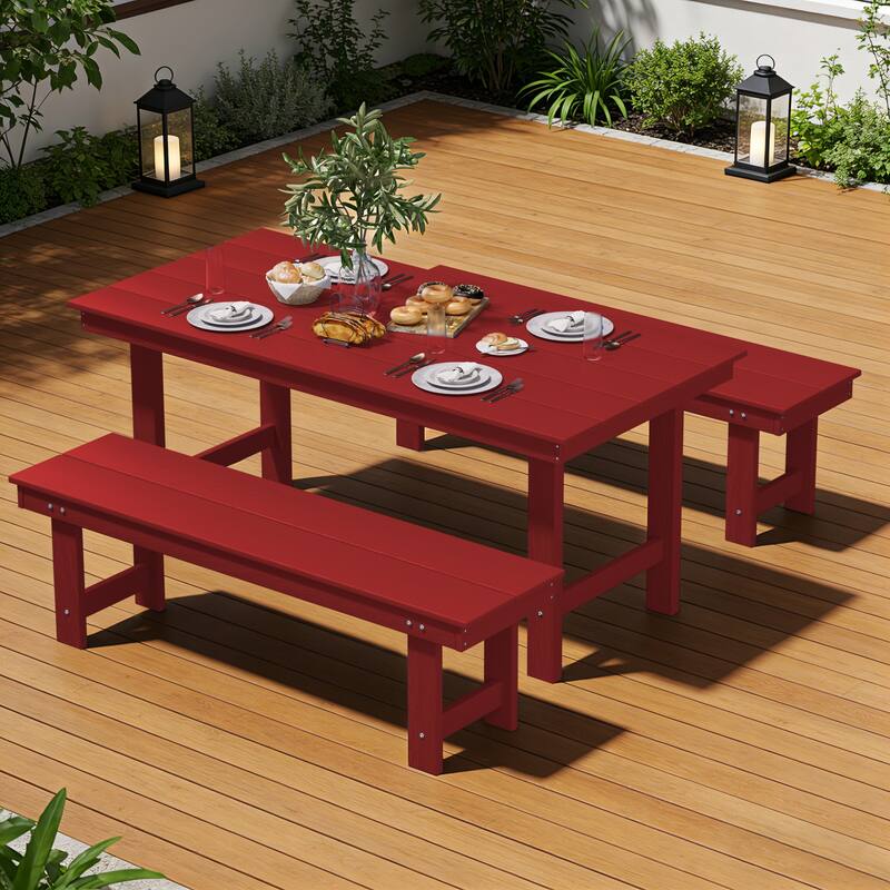 3-Piece HDPE Outdoor Dining Set with Umbrella Hole Table and Two 2-Person Benches