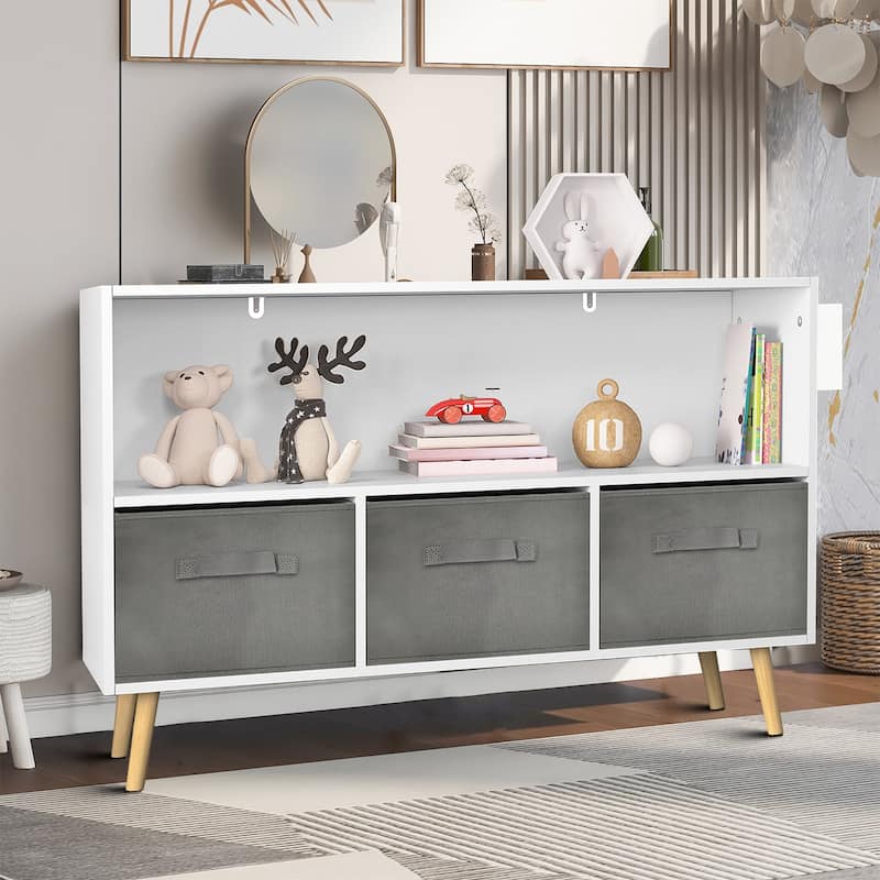 Modern Stylish Wooden Storage Cabinet with Three Collapsible Fabric Drawers - White+Grey
