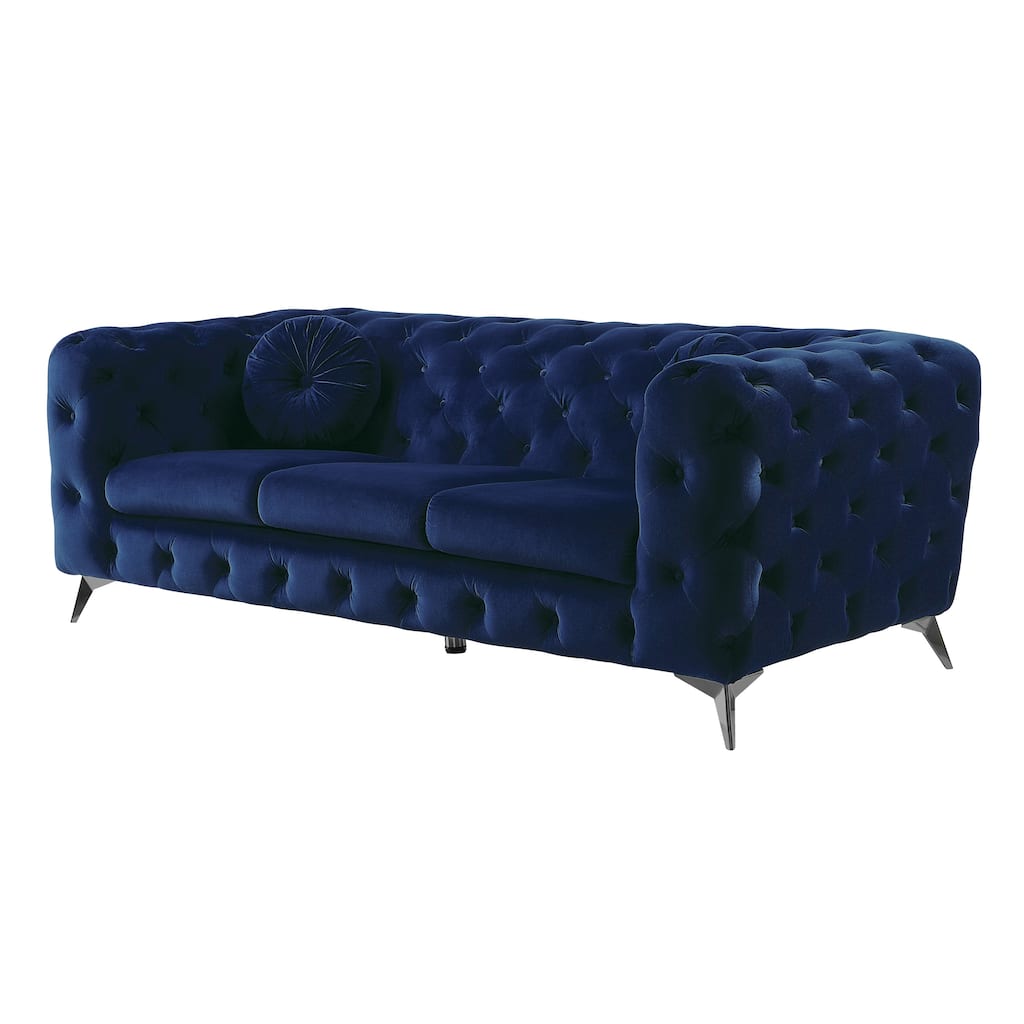 Chesterfield Design Fabric Sofa with Track Arms and Angled Metal Legs, Blue