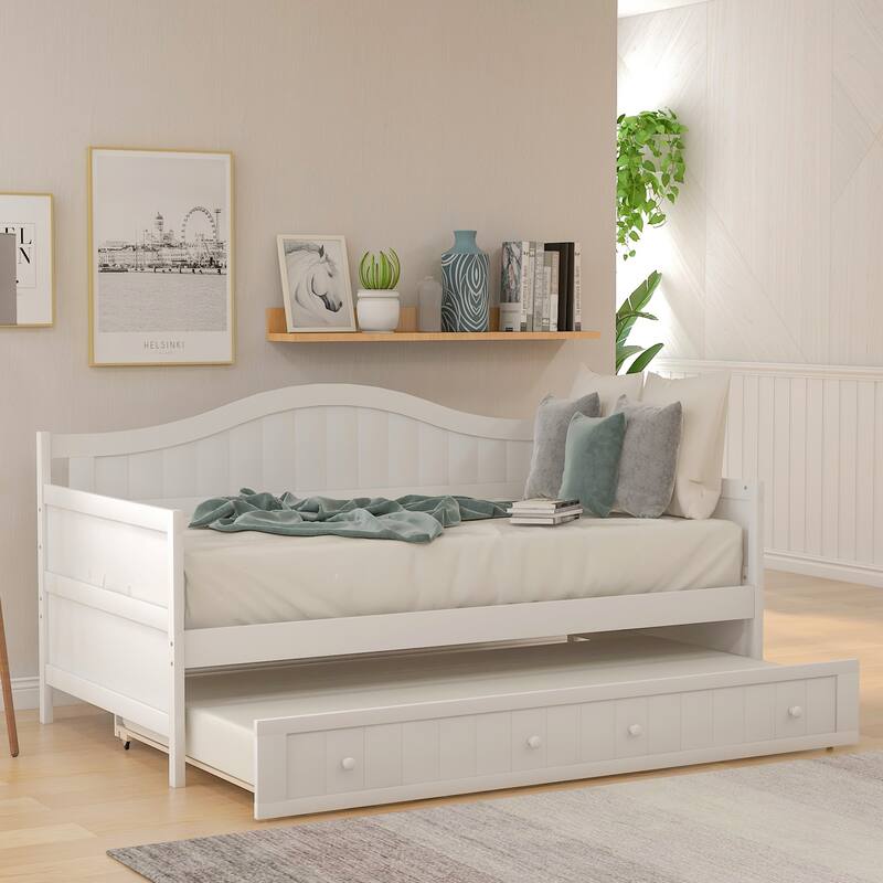 Twin Sofa Bed Wood Slat Support Daybed Classic Arched Design Sofa Bed with Trundle Bed No Box Spring Needed Daybed Frame - White