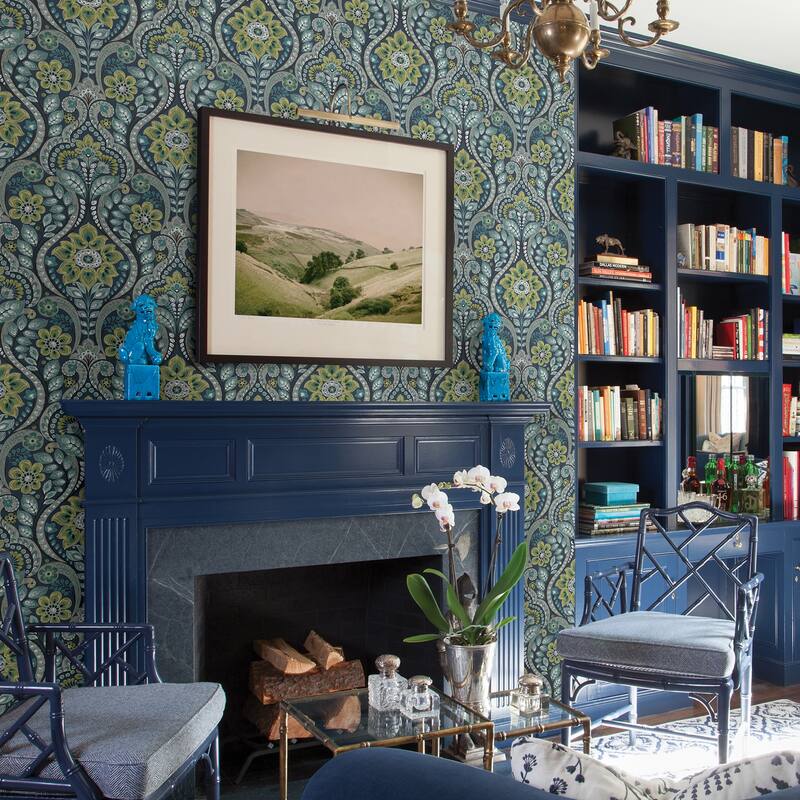 Guadalupe, Night Bloom Damask, 33 FT. L x 20.5In. W Wallpaper Roll - Navy