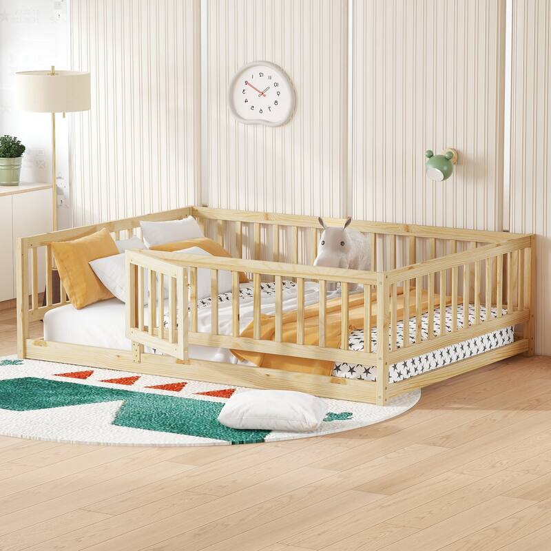 Kids Montessori Floor Bed for Kids, Girls, Boys, Solid Wood Floor Bed Frame with Fence and Door, No Box Spring Needed