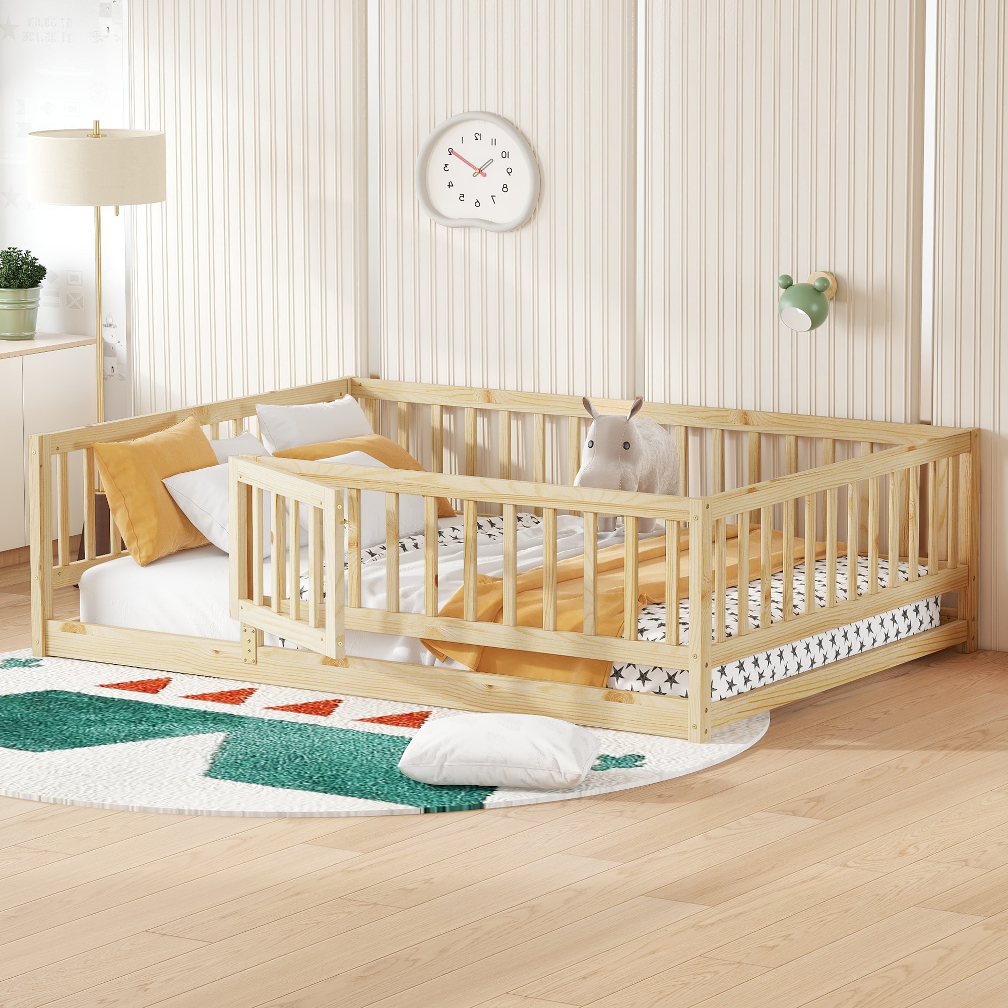 Twin Montessori Floor Bed with Fence & Door, White