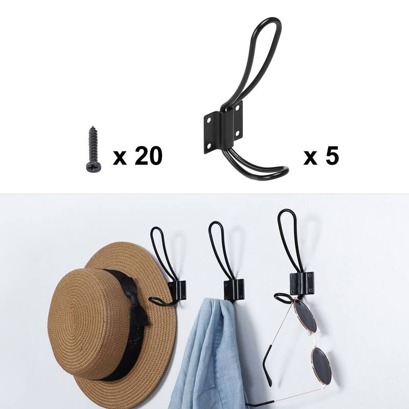 Dual Robe Hook Iron Hook Wall Bathroom Hanger w Screw Black 5pcs