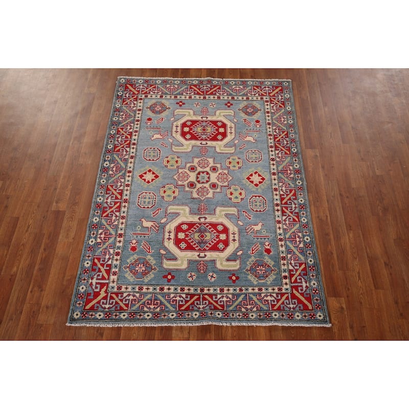 Geometric Blue Kazak Oriental Area Rug Handmade Wool Carpet - 4'3" x 5'11"