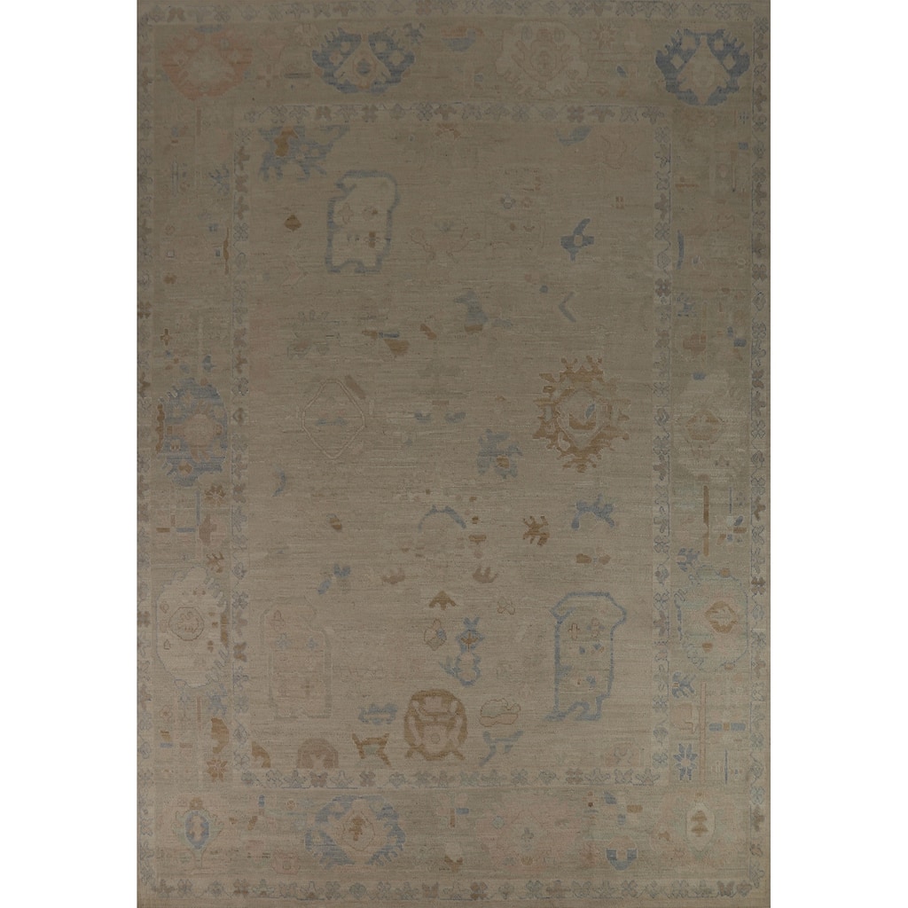 Vegetable Dye Beige Oushak Turkish Rug Hand-Knotted Wool Carpet - 9'1" x 12'1"