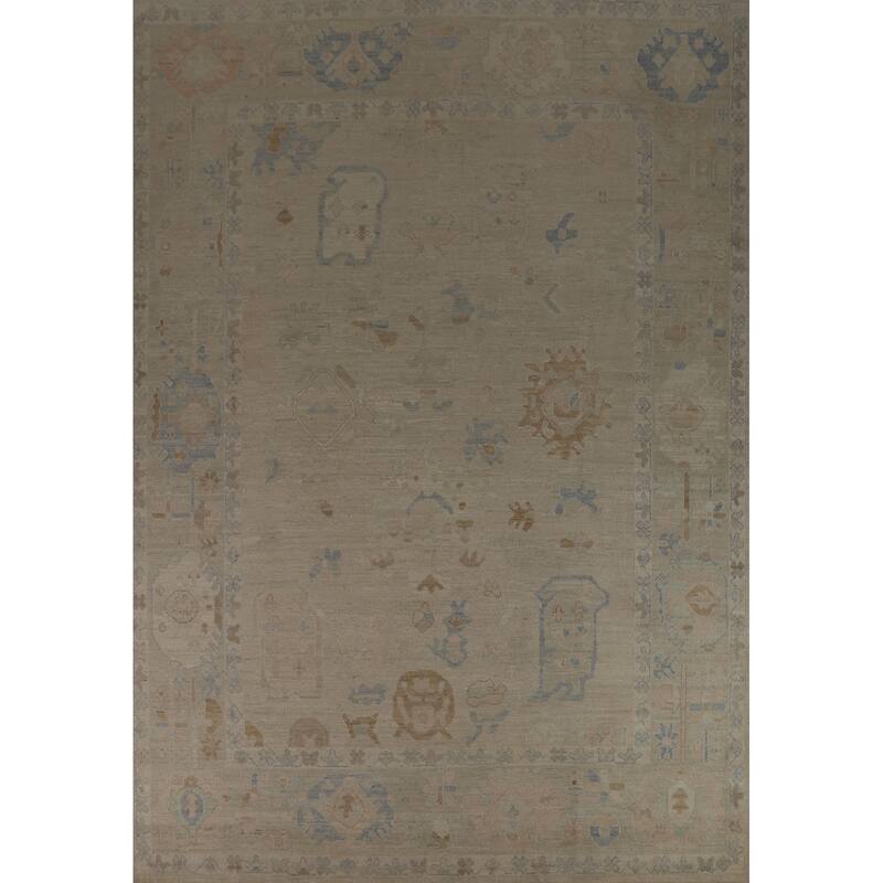 Vegetable Dye Beige Oushak Turkish Rug Hand-Knotted Wool Carpet - 9'1" x 12'1"