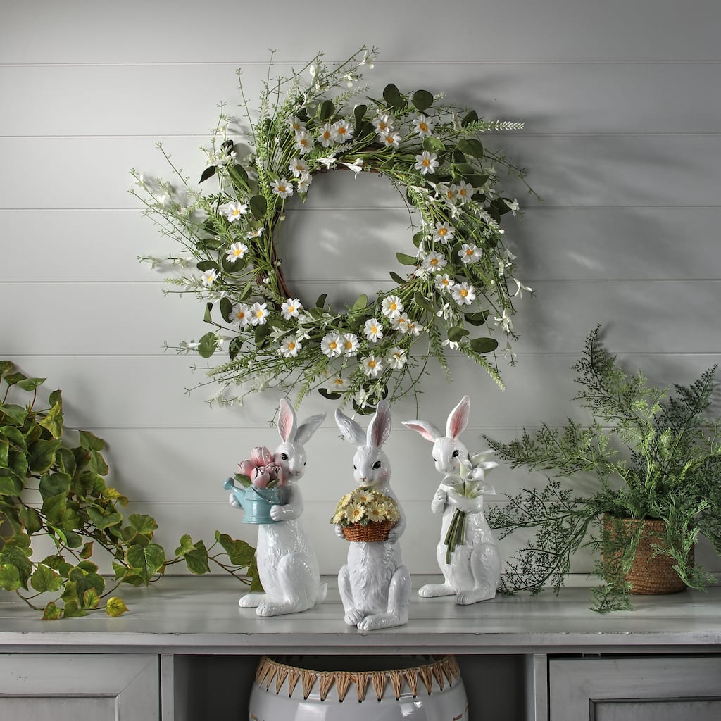 10.5-11.5" Resin Bunny With Floral Bouquet