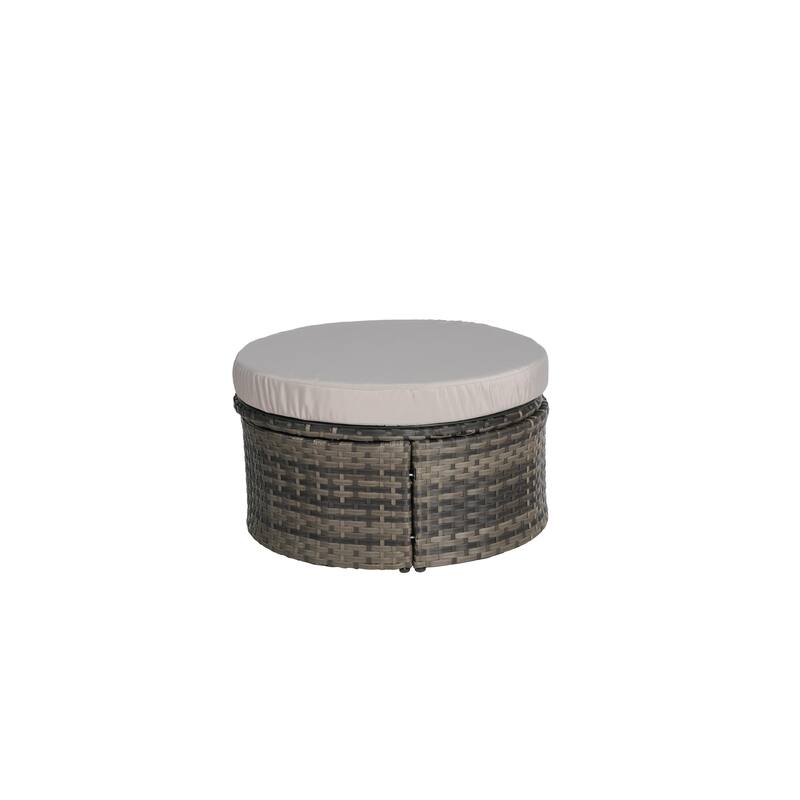 5-Piece Round Wicker Patio Daybed Set with Retractable Canopy, Cushioned Sofa and Ottomans, Hidden Coffee Table