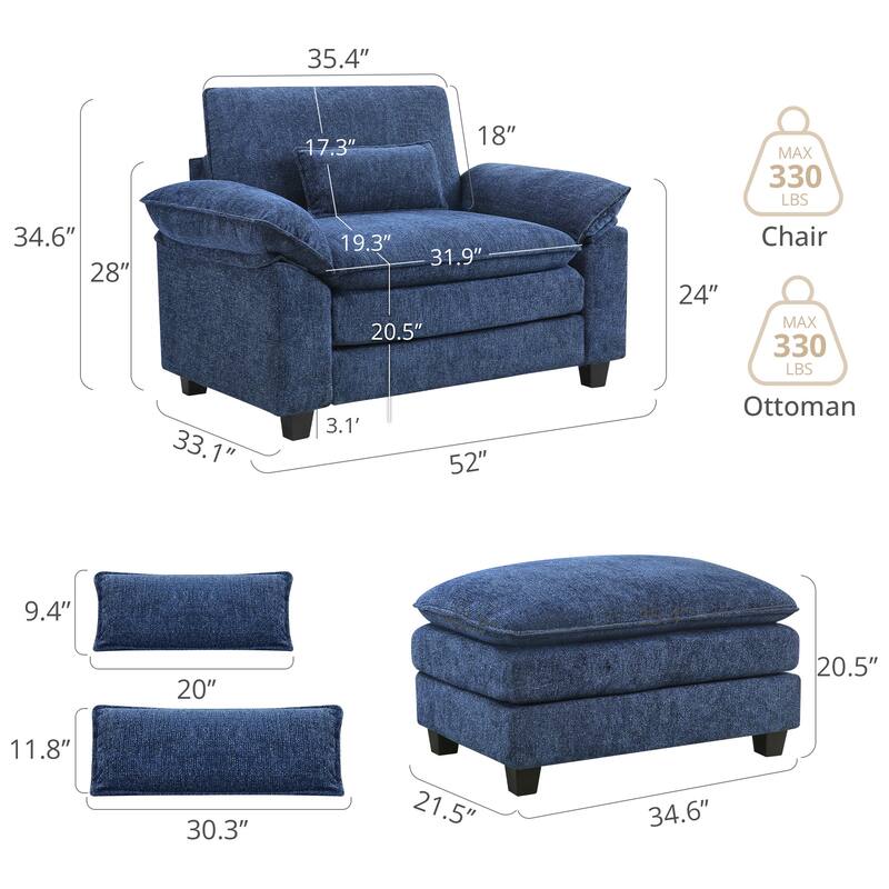 52" W Oversized Accent Chair With Ottoman, Chenille Single Sofa Bed ,Chaise Lounge Chair Indoor,Reading Chairs For Living Room