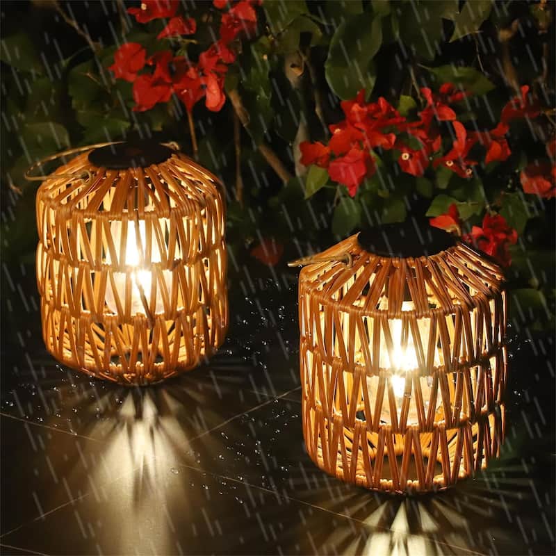 Elegant Rattan Solar Lanterns (Set of 2) - Brown