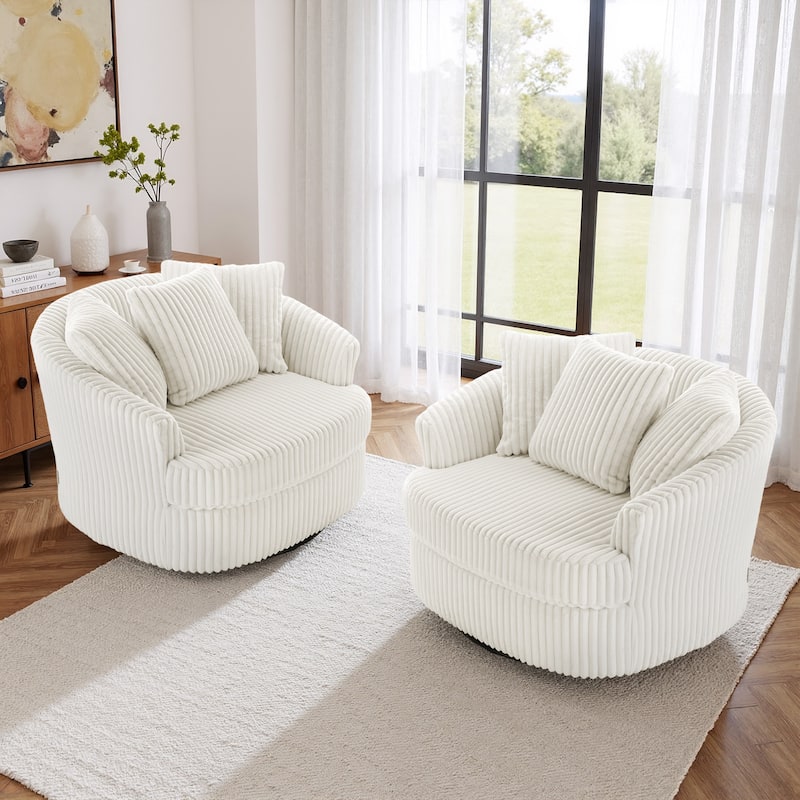 2 Set Oversized 43" W Plush Corduroy Swivel Barrel Chair with Pillows