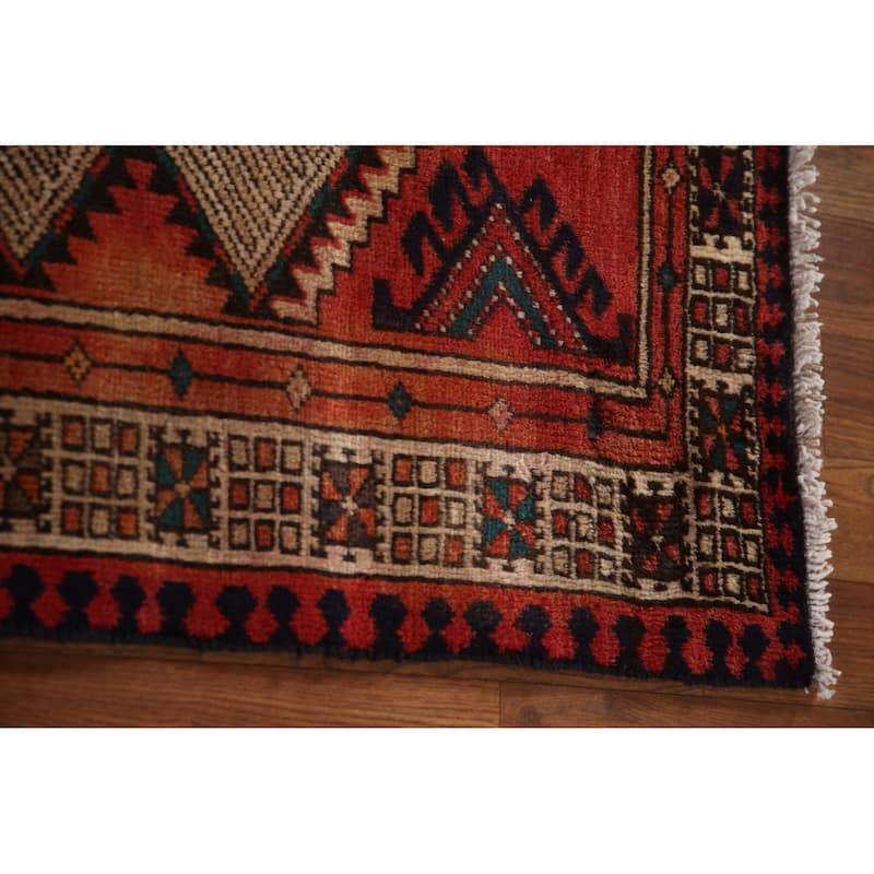 Red Ardebil Persian Vintage Runner Rug Handmade Wool Carpet - 3'2"x 9'8"