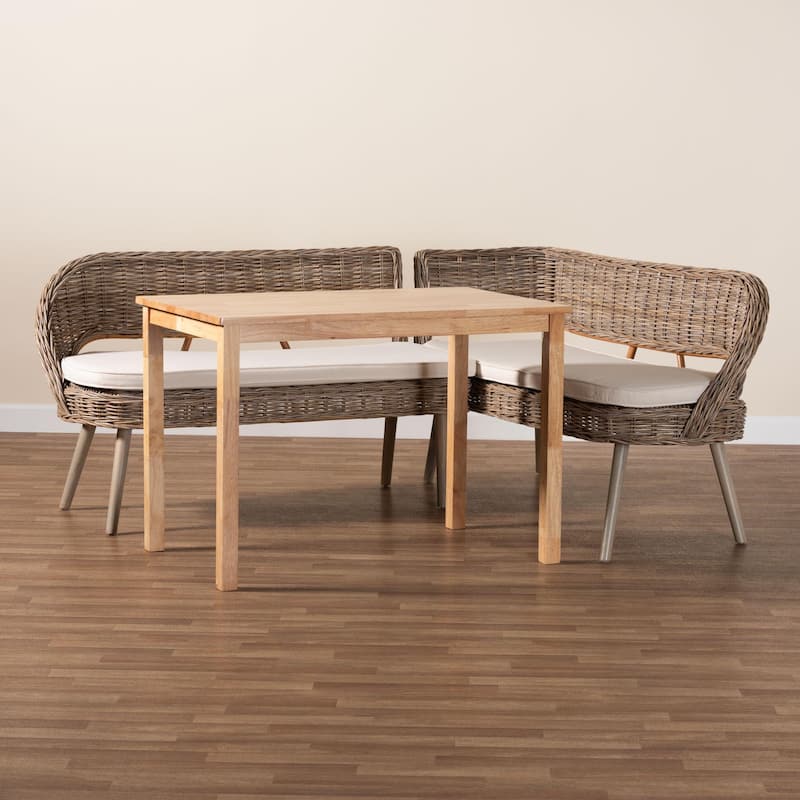 Raisa Modern Bohemian Natural Kubu Rattan Bench and Wood Table Dining Nook Set