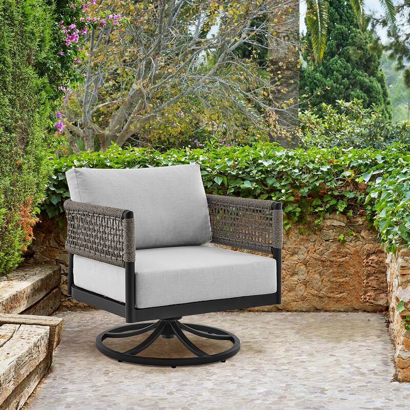 Felicia Black Aluminum & Grey Rope Outdoor Swivel Rocker Chair - Light Grey
