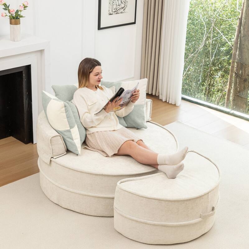 47.63" Round Lazy Fully Compression Sofa, Chenille, with Ottoman