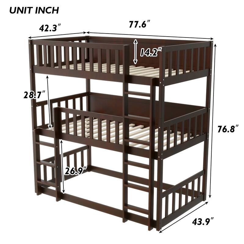 Twin Size Triple Rubber Wood Bunk Bed, Detachable Triple Bunk Bed Frame, Divided Into 3 Separate Beds, Twin over Twin over Twin