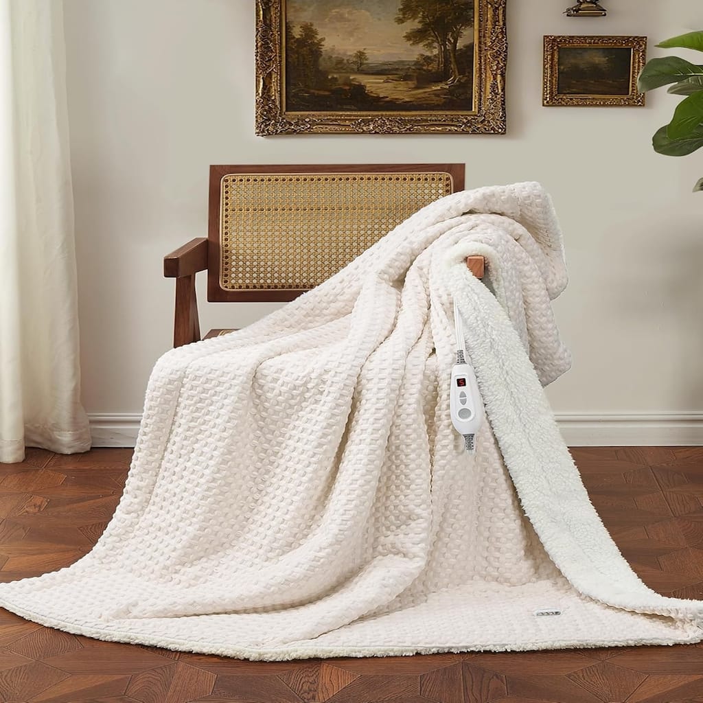 Waffle Weave Heated Blanket Throw Beige