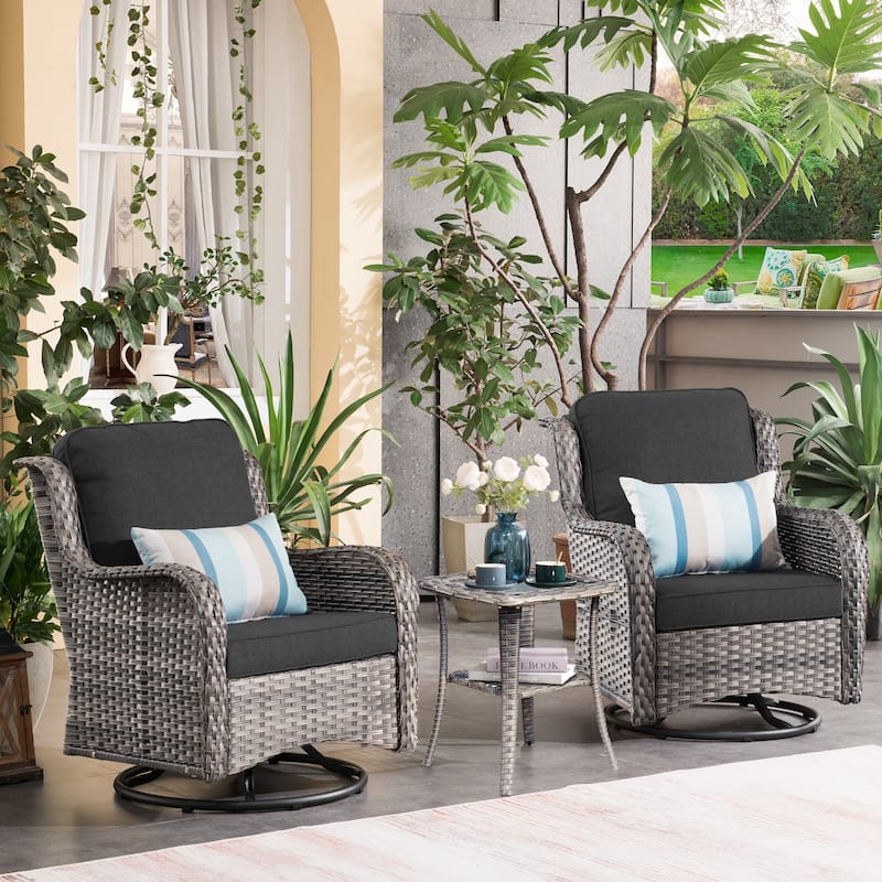OVIOS 3-piece Patio Wicker Swivel Chair Set - Black-Grey Wicker
