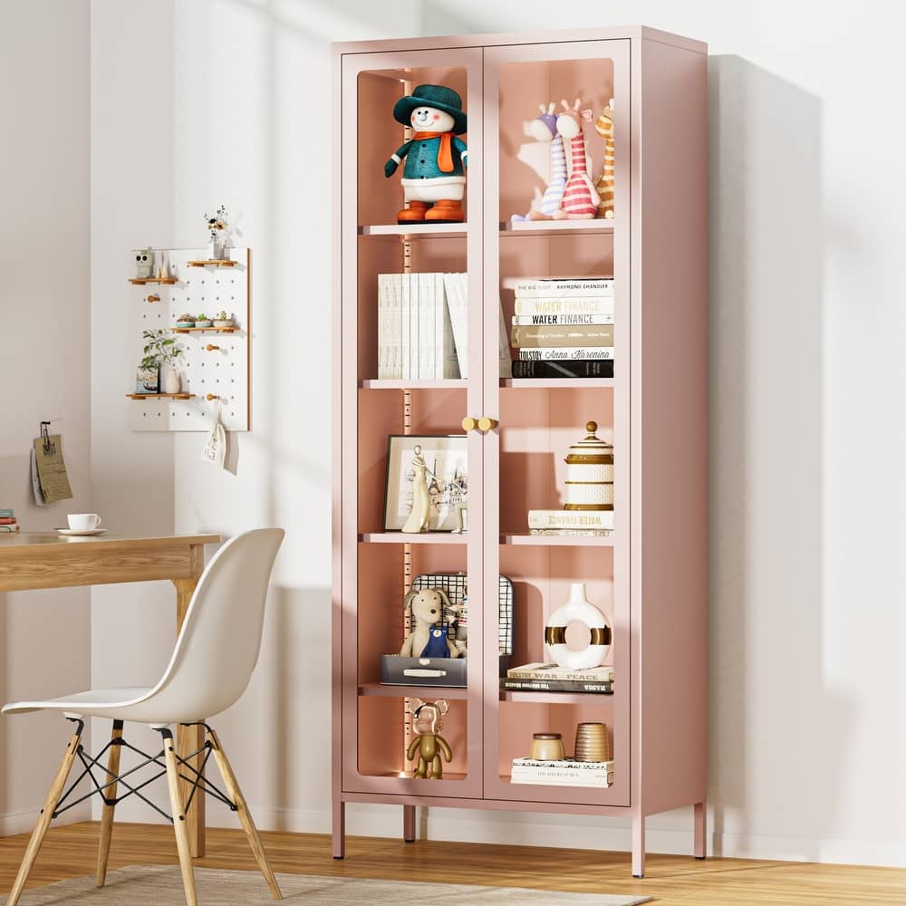 4/5-Tier Glass Curio Display Cabinet with Doors & Adjustable Storage Shelves