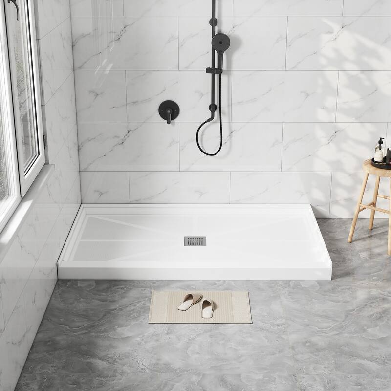 60 in. x 32 in. Elegant White Single Threshold Anti-slip SMC Rectangular Shower Base with Drain and Stainless Steel Drain Cover