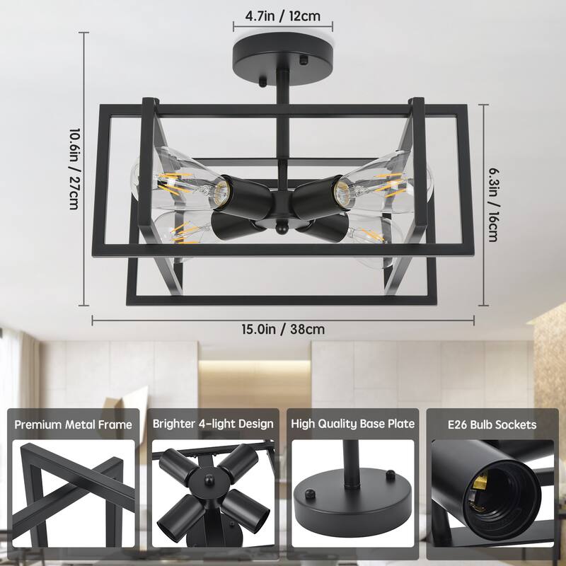 Starsky 4-Light 15in Modern Farmhouse Caged Ceiling Light Geometric Rectangle Semi-Flush Mount