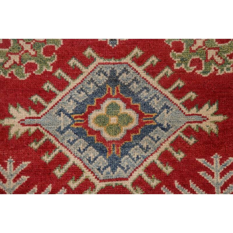 Geometric Red Kazak Accent Rug Handmade Wool Carpet - 2'8" x 4'1"