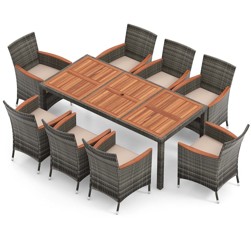 Costway 9 Pieces Outdoor Wicker Dining Set with Acacia Wood Table and - See Details