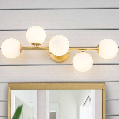 5-Light Gold Finish Integrated LED Vanity Light with Opal Glass Shades