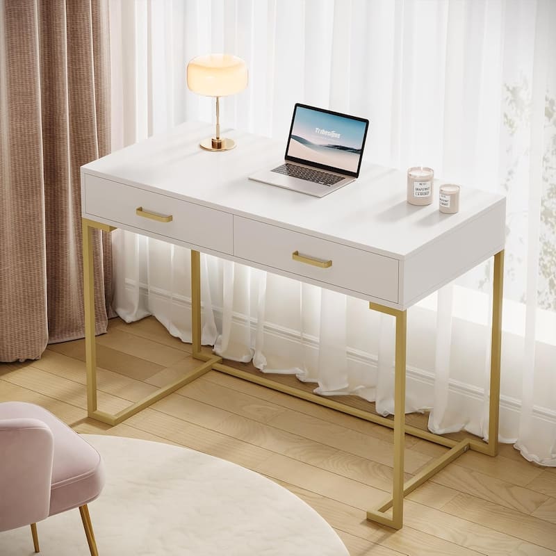 2-Drawer Computer Desk, Rectangular Writing Desk, Home Office Study Table Small Space Workstation Dressing Table for Bedroom - White+Gold
