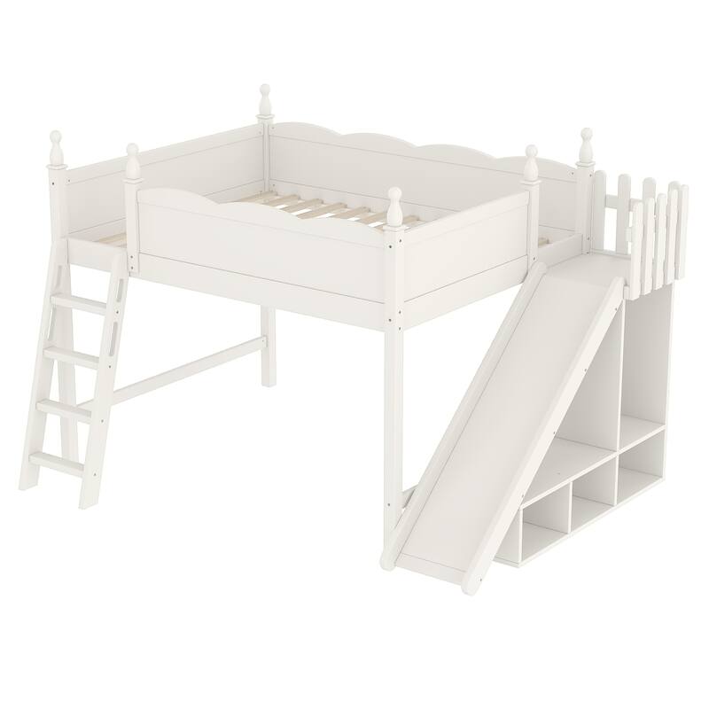 Queen Loft Bed with Storage Shelves and Wardrobe, Solid Wood Loft Beds with Detachable Slide and Ladders, No Spring Box Needed