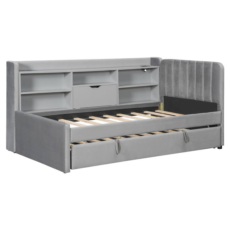 All-in-one Captains Daybed with Trundle Bed, Bookcase Guardrail, USB and Outlet, Twin Sofa Bed Upholstered Frame Storage Bed