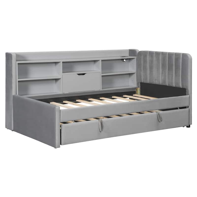 Twin Size Upholstered Daybed with Pop Up Trundle and Storage Shelves & Socket