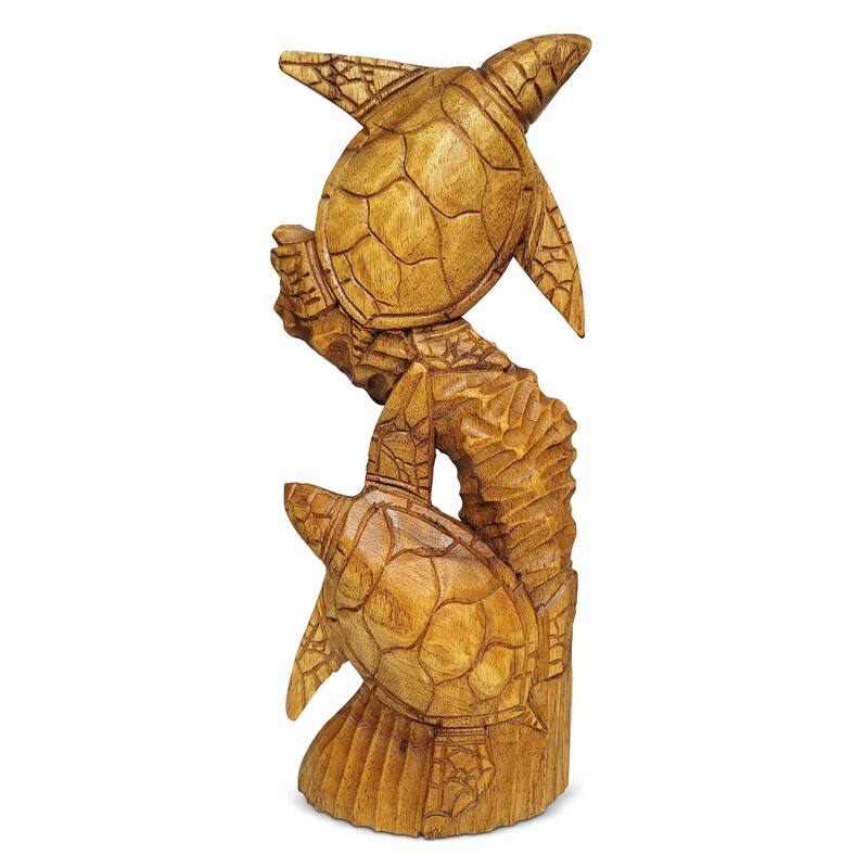 Wooden Hand Carved Two Tortoise Turtle on Coral Statue Sculpture Wood Home Decor Figurine Handcrafted Handmade Seaside - 12" tall x 5" wide x 2" deep