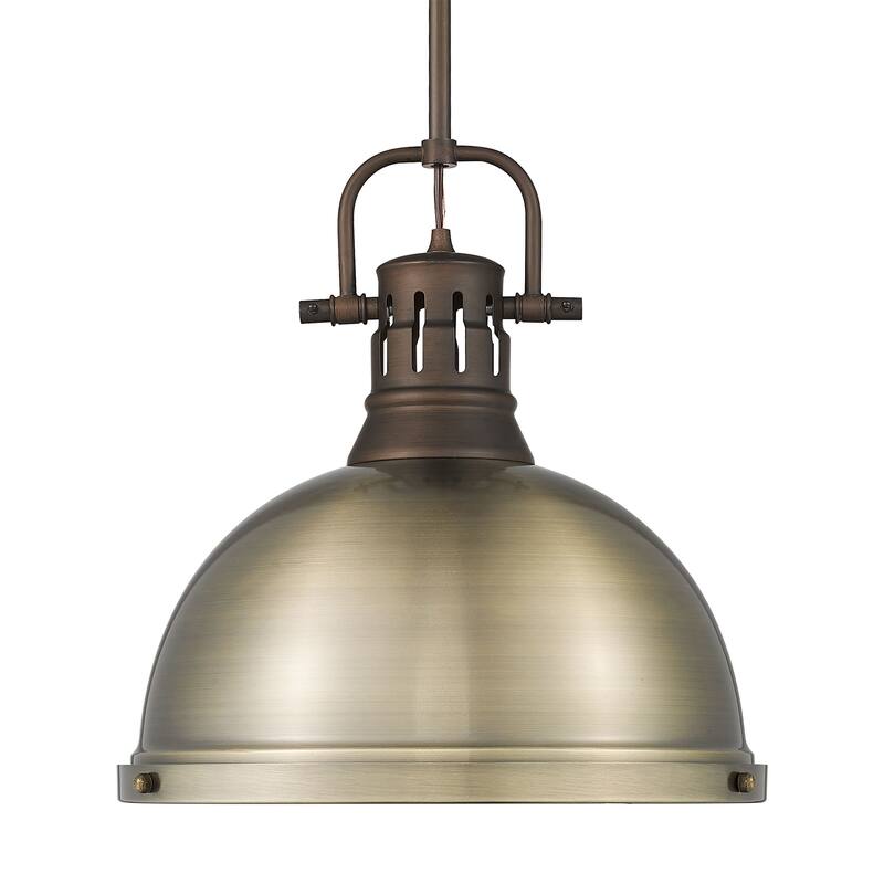 Yep by Golden Lighting Duncan 1-light 14in Rod Hung Pendant in Rubbed Bronze and Aged Brass shade
