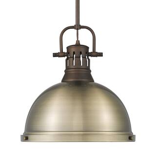 Yep by Golden Lighting Duncan 1-light 14in Rod Hung Pendant in Rubbed Bronze and Aged Brass shade