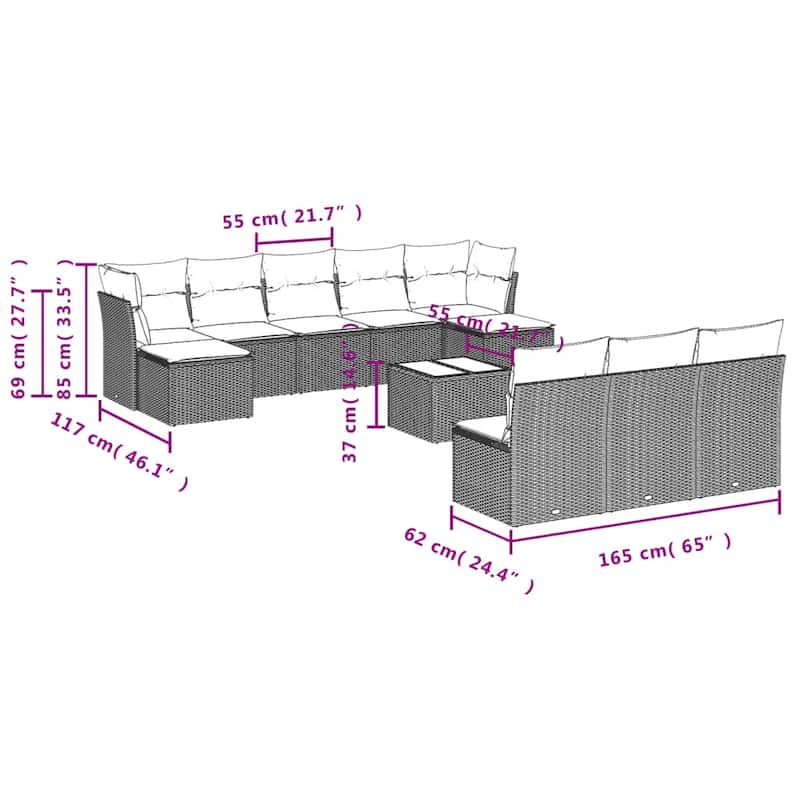 vidaXL Garden Sofa Set Grey PE Rattan Large Adjustable Feet - 21.7 x 21.7 x 14.6