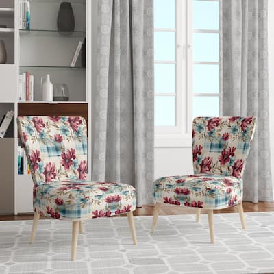 Designart "Bohemian Pink And Blue Plaid Flower Pattern" Upholstered Plaid Accent Chair - Vintage Side Chair